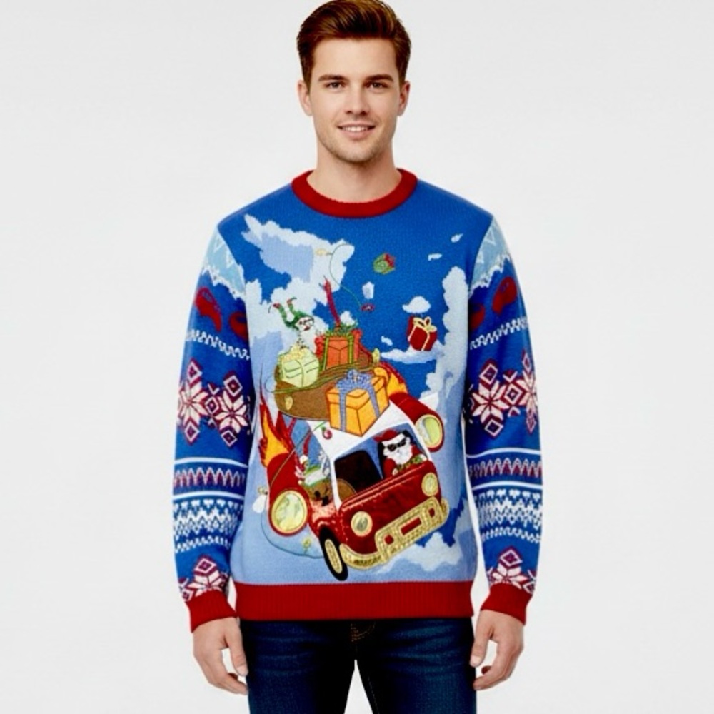 Festive Christmas Blue Sweater with Santa and Gifts by Blizzard Bay